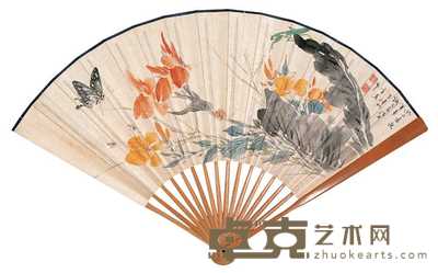 王雪涛 1943年作 花蝶图 成扇 18.5×48cm